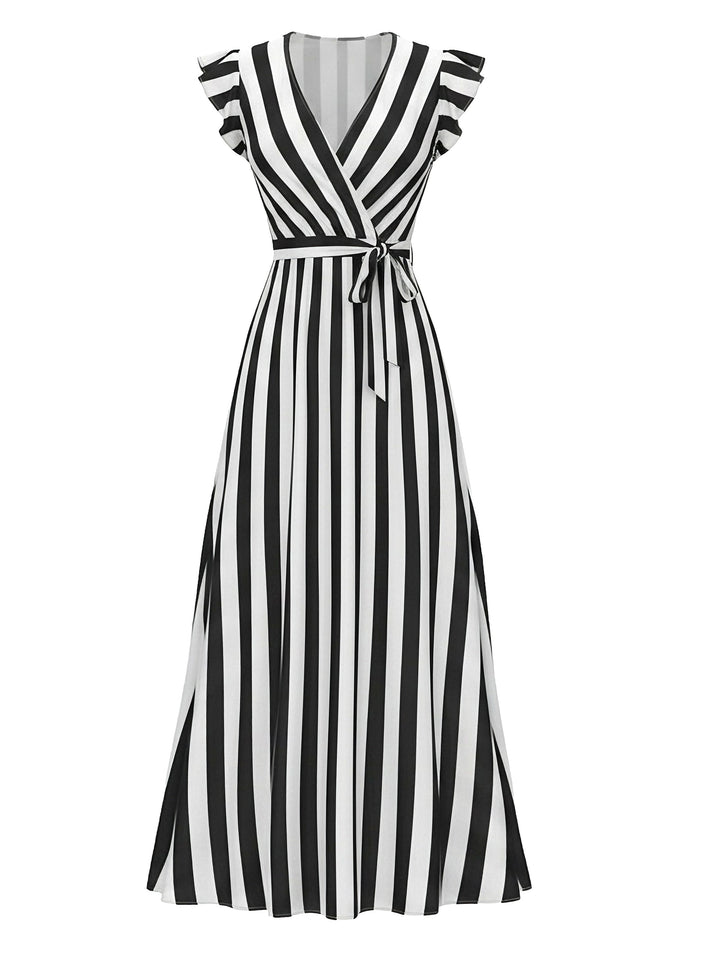 [Pre-Sale] Black White 1950s V-Neck Ruffle Belted Swing Dress, vintage dress, retro fashion, rockabilly, pin-up fashion - perfect for women who love vintage and retro fashion