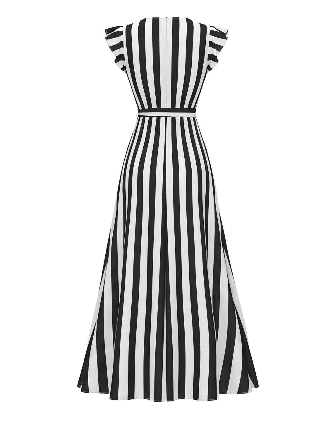 [Pre-Sale] Black White 1950s V-Neck Ruffle Belted Swing Dress, vintage dress, retro fashion, rockabilly, pin-up fashion - perfect for women who love vintage and retro fashion