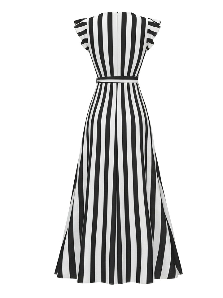[Pre-Sale] Black White 1950s V-Neck Ruffle Belted Swing Dress, vintage dress, retro fashion, rockabilly, pin-up fashion - perfect for women who love vintage and retro fashion