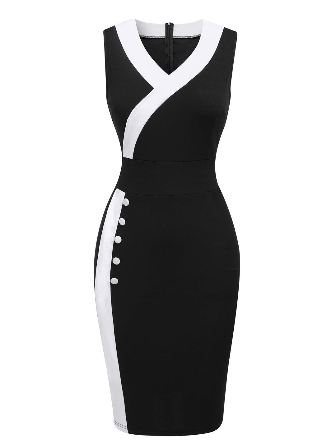 Black &amp; White 1960s Button V-Neck Patchwork Dress, vintage dress, retro fashion - perfect for women who love vintage and retro fashion