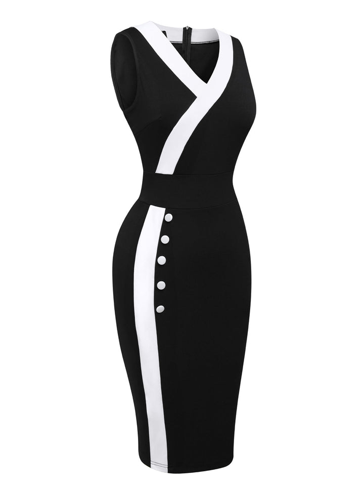 Black &amp; White 1960s Button V-Neck Patchwork Dress, vintage dress, retro fashion - perfect for women who love vintage and retro fashion