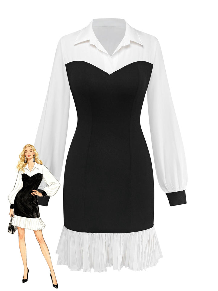 Black &amp; White 1960s Colorblock Pleated Lapel Dress - vintage dress, retro fashion, classic black