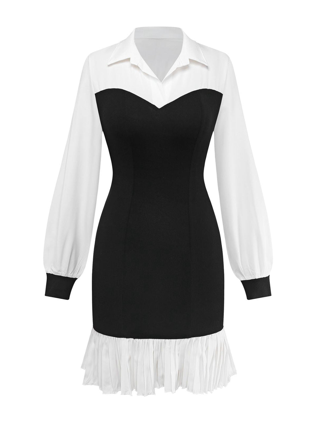 Black &amp; White 1960s Colorblock Pleated Lapel Dress - vintage dress, retro fashion, classic black