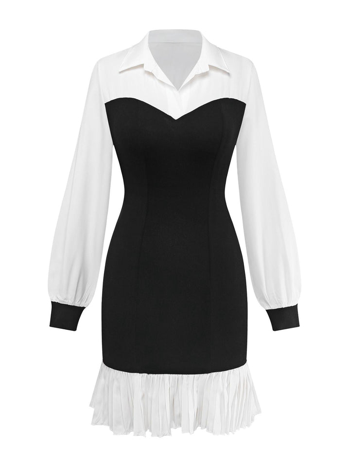 Black &amp; White 1960s Colorblock Pleated Lapel Dress - vintage dress, retro fashion, classic black