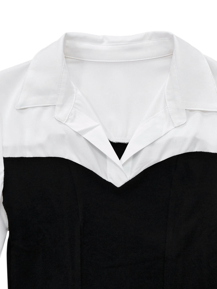 Black &amp; White 1960s Colorblock Pleated Lapel Dress - vintage dress, retro fashion, classic black
