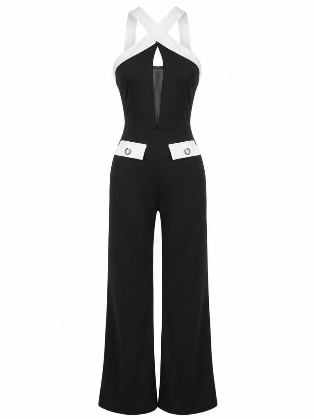 Black &amp; White 1960s Contrast Halter Wide-Leg Jumpsuit - vintage romper, retro jumpsuit, playful style for vintage lovers
