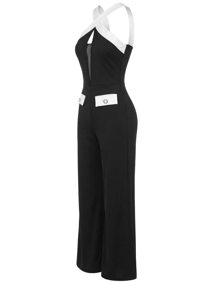 Black &amp; White 1960s Contrast Halter Wide-Leg Jumpsuit: beautiful vintage romper, retro jumpsuit, playful style with timeless appeal