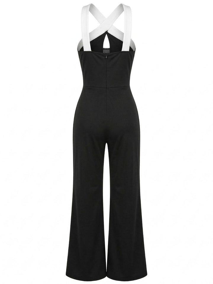 Black &amp; White 1960s Contrast Halter Wide-Leg Jumpsuit | vintage romper, retro jumpsuit, playful style - perfect for retro fashion enthusiasts