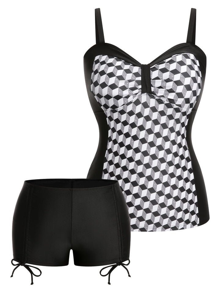 Black &amp; White 1960s Geometric Lace-Up Swimsuit: 1960s Riviera elegance, reimagined for her