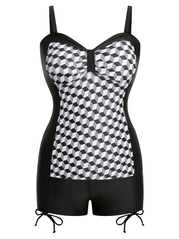 Black &amp; White 1960s Geometric Lace-Up Swimsuit — 1960s poolside glamour meets sun-drenched confidence
