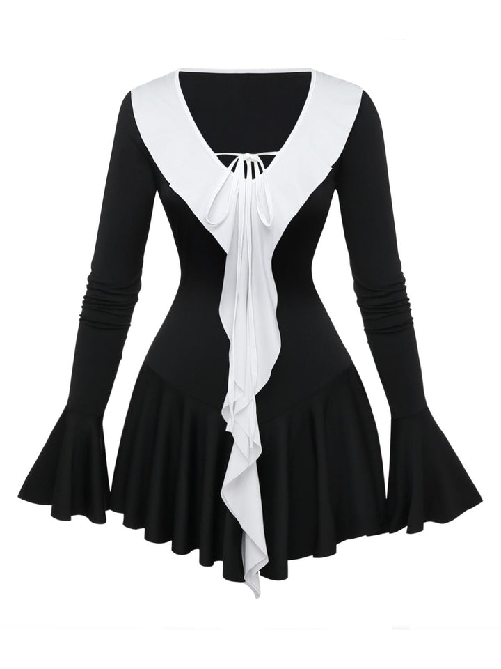 Black &amp; White 1960s Ruffled Peplum Dress - vintage dress, retro fashion, classic black