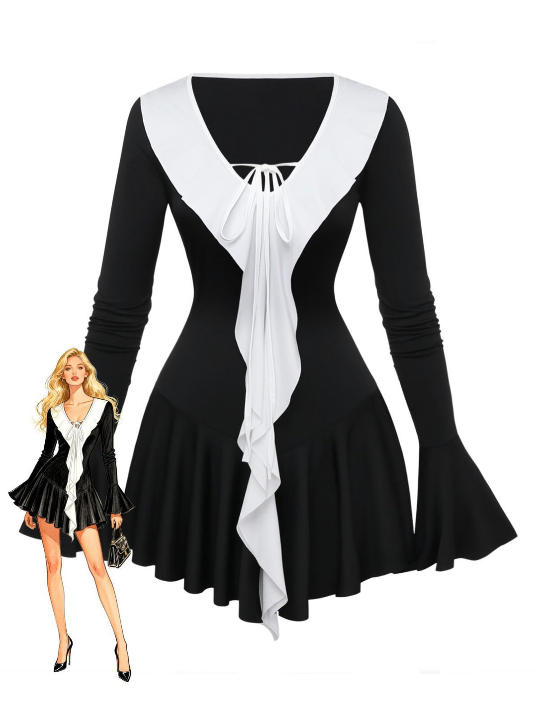 Black &amp; White 1960s Ruffled Peplum Dress - vintage dress, retro fashion, classic black