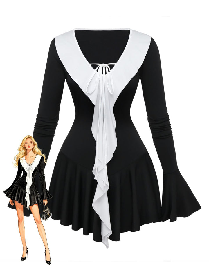 Black &amp; White 1960s Ruffled Peplum Dress - vintage dress, retro fashion, classic black