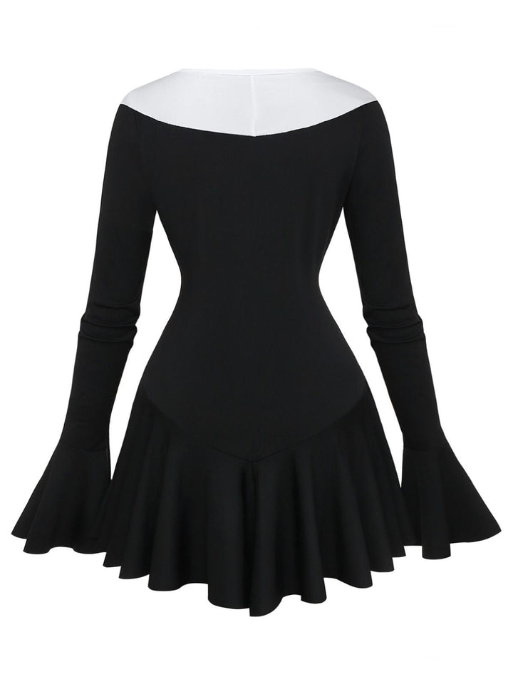 Black &amp; White 1960s Ruffled Peplum Dress - vintage dress, retro fashion, classic black