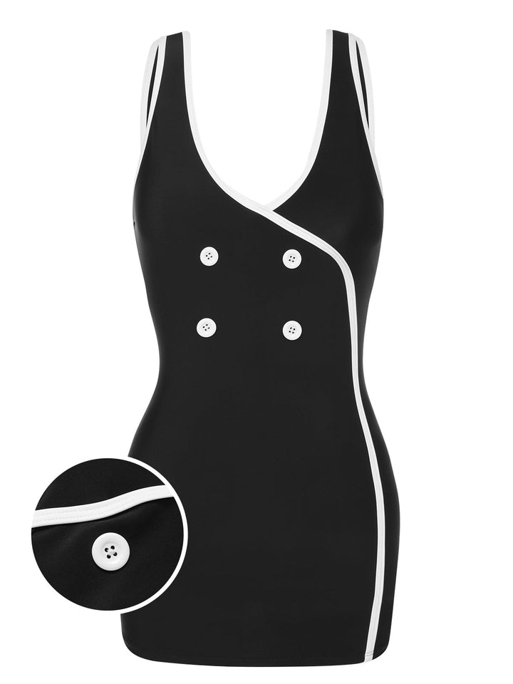 Black &amp; White 1960s Solid Contrast Binding Swimsuit, vintage swimsuit, pin-up swimwear - perfect for women who love vintage and retro fashion