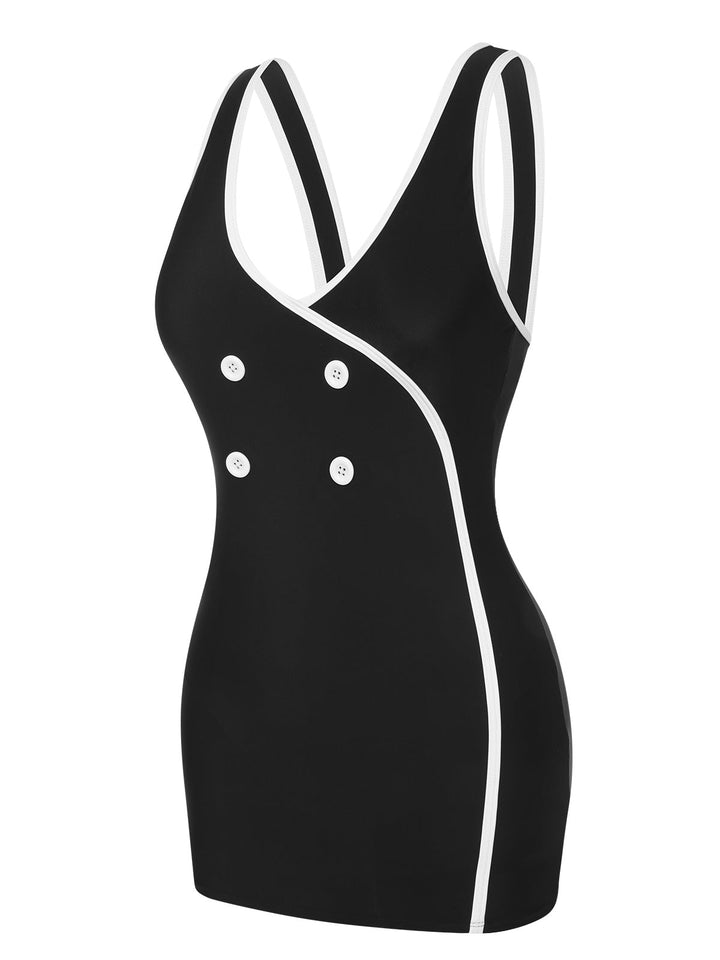 Black &amp; White 1960s Solid Contrast Binding Swimsuit, vintage swimsuit, pin-up swimwear - perfect for women who love vintage and retro fashion