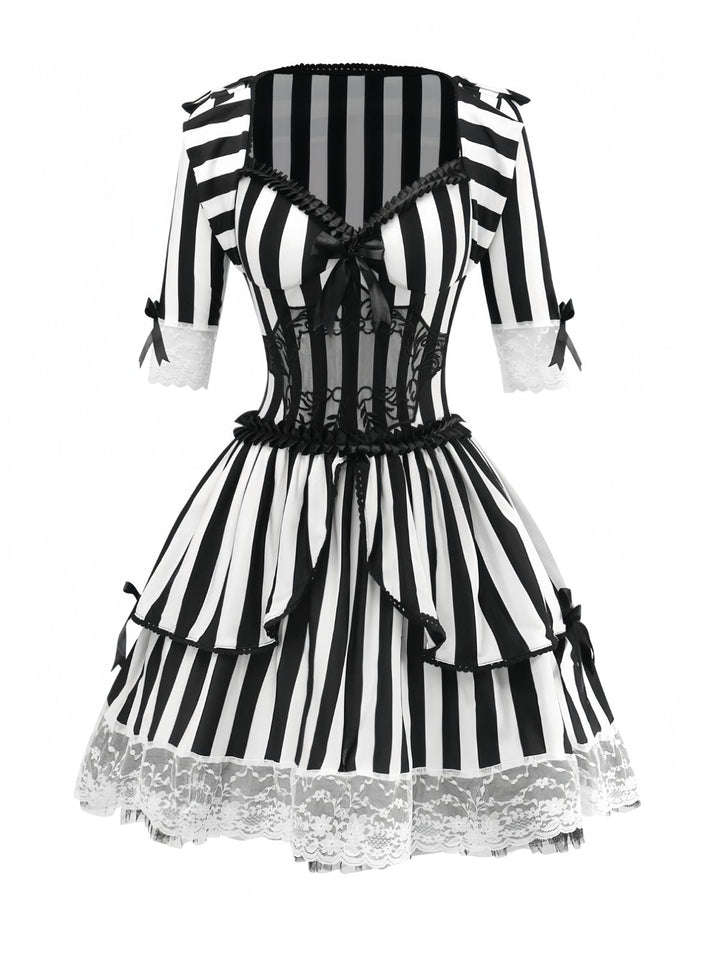 Black &amp; White 1970s Lace Patchwork Stripe Dress - vintage dress, retro fashion, classic black