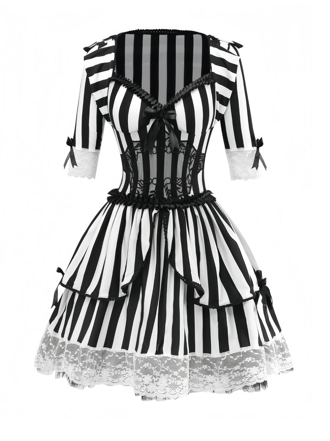 Black &amp; White 1970s Lace Patchwork Stripe Dress - vintage dress, retro fashion, classic black