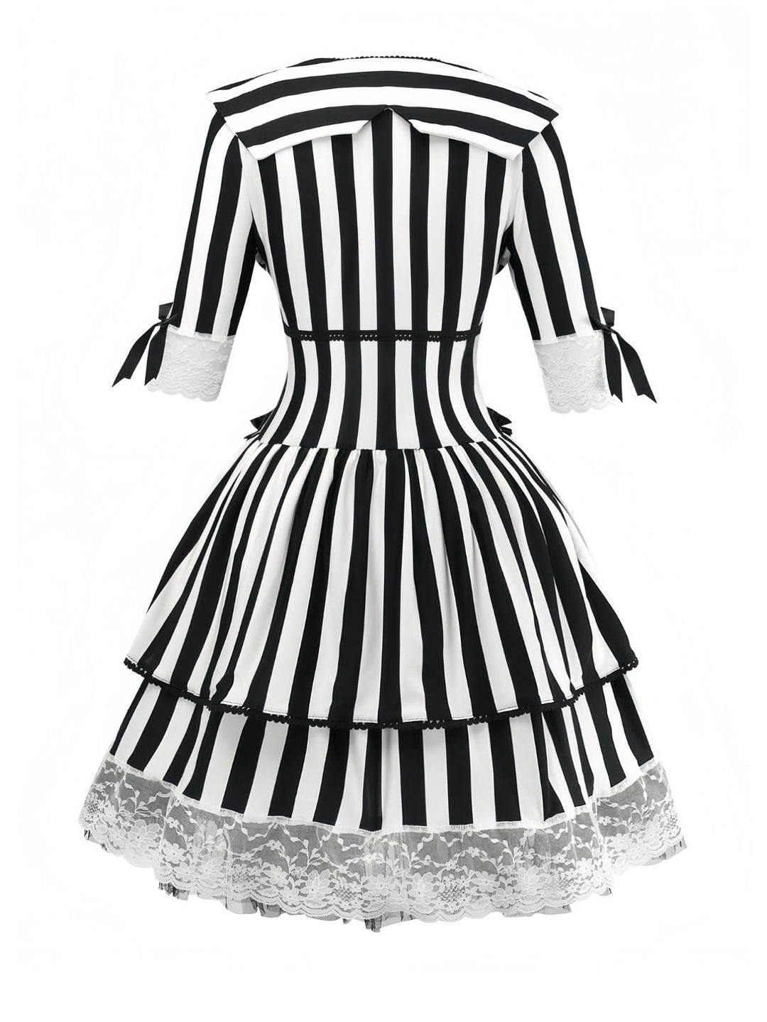 Black &amp; White 1970s Lace Patchwork Stripe Dress - vintage dress, retro fashion, classic black