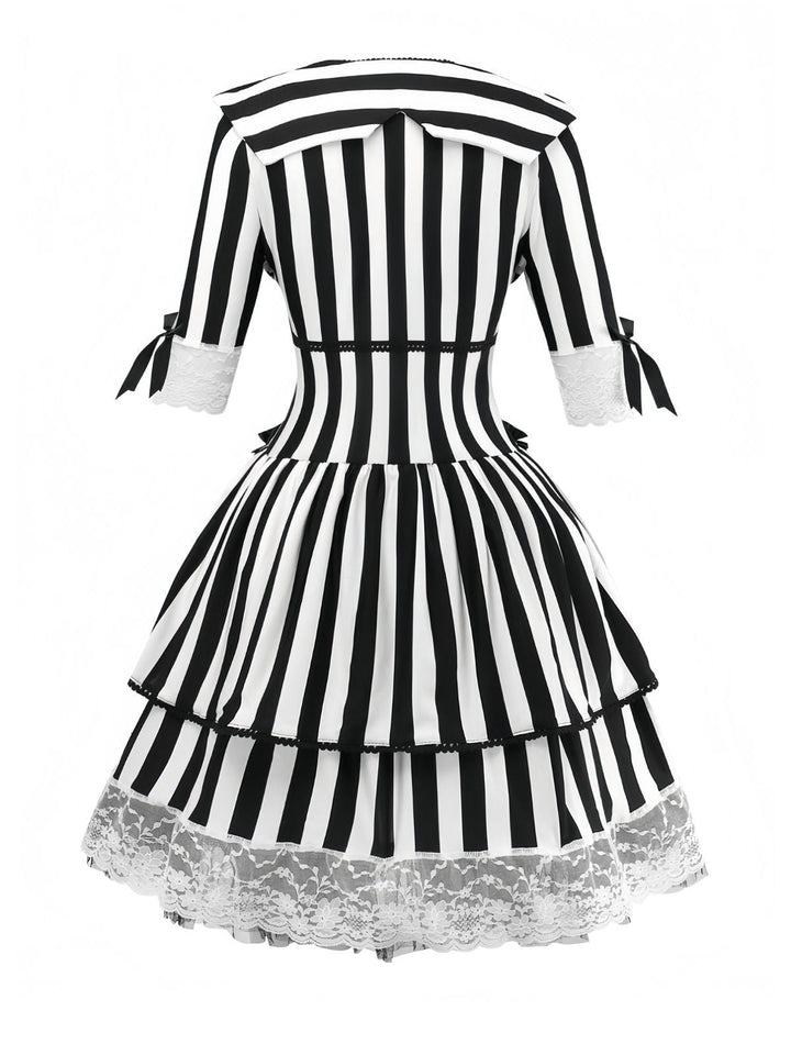 Black &amp; White 1970s Lace Patchwork Stripe Dress - vintage dress, retro fashion, classic black