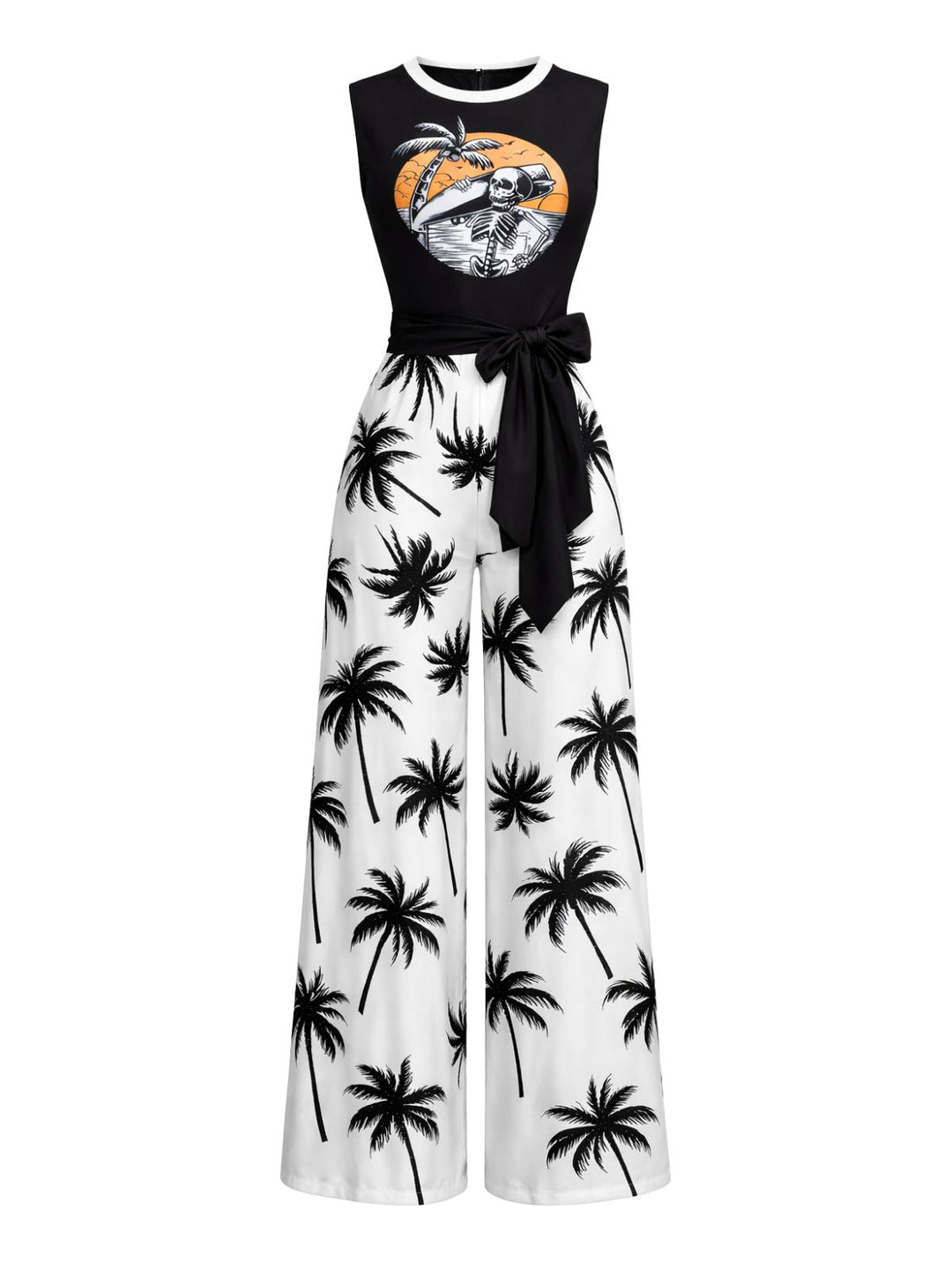 Black &amp; White 1970s Palm Tree Skeleton Surfer Jumpsuit - vintage romper, retro jumpsuit, playful style for vintage lovers