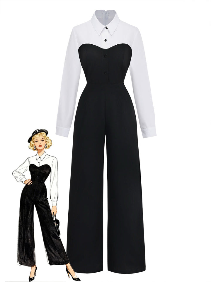 Black &amp; White 1980s Mock Two-Piece Lapel Jumpsuit - vintage jumpsuit, retro fashion, classic black