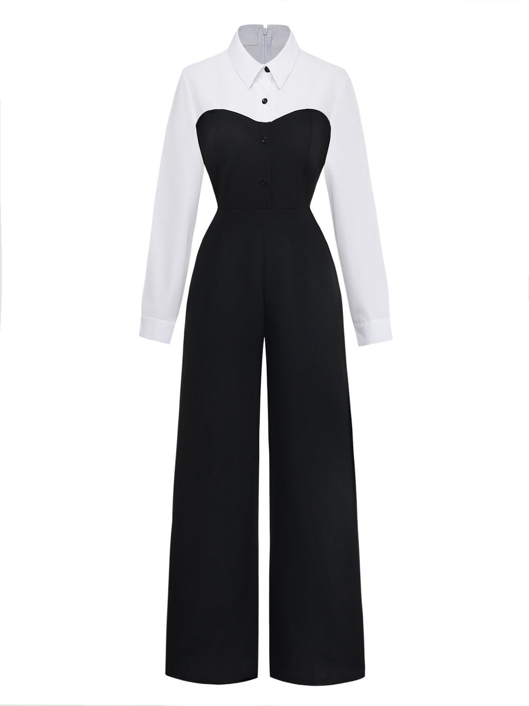 Black &amp; White 1980s Mock Two-Piece Lapel Jumpsuit - vintage jumpsuit, retro fashion, classic black