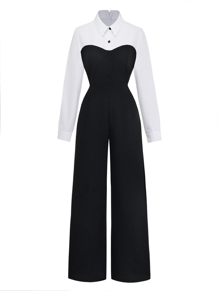 Black &amp; White 1980s Mock Two-Piece Lapel Jumpsuit - vintage jumpsuit, retro fashion, classic black