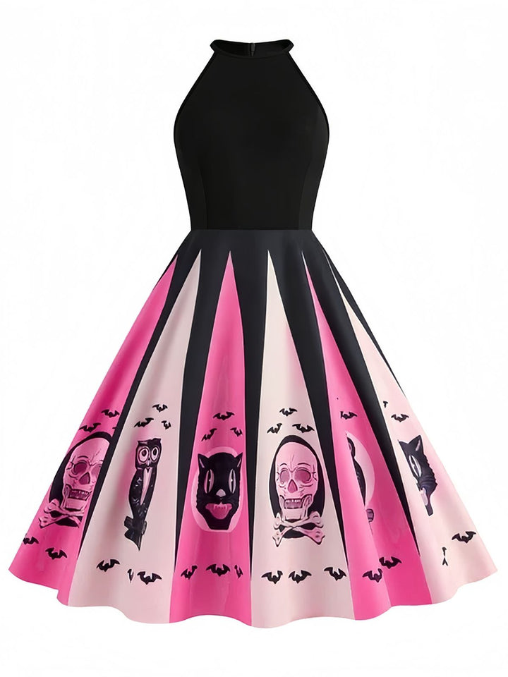Black&amp;Pink 1950s Halloween Spooky Print Swing Dress - vintage dress, retro fashion, rockabilly
