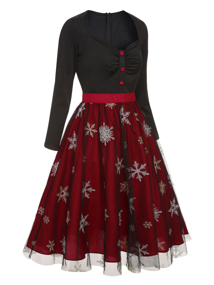 Black&amp;Red 1950s Christmas Snowflake Mesh Dress, vintage dress, retro fashion, rockabilly, pin-up fashion - perfect for women who love vintage and retro fashion