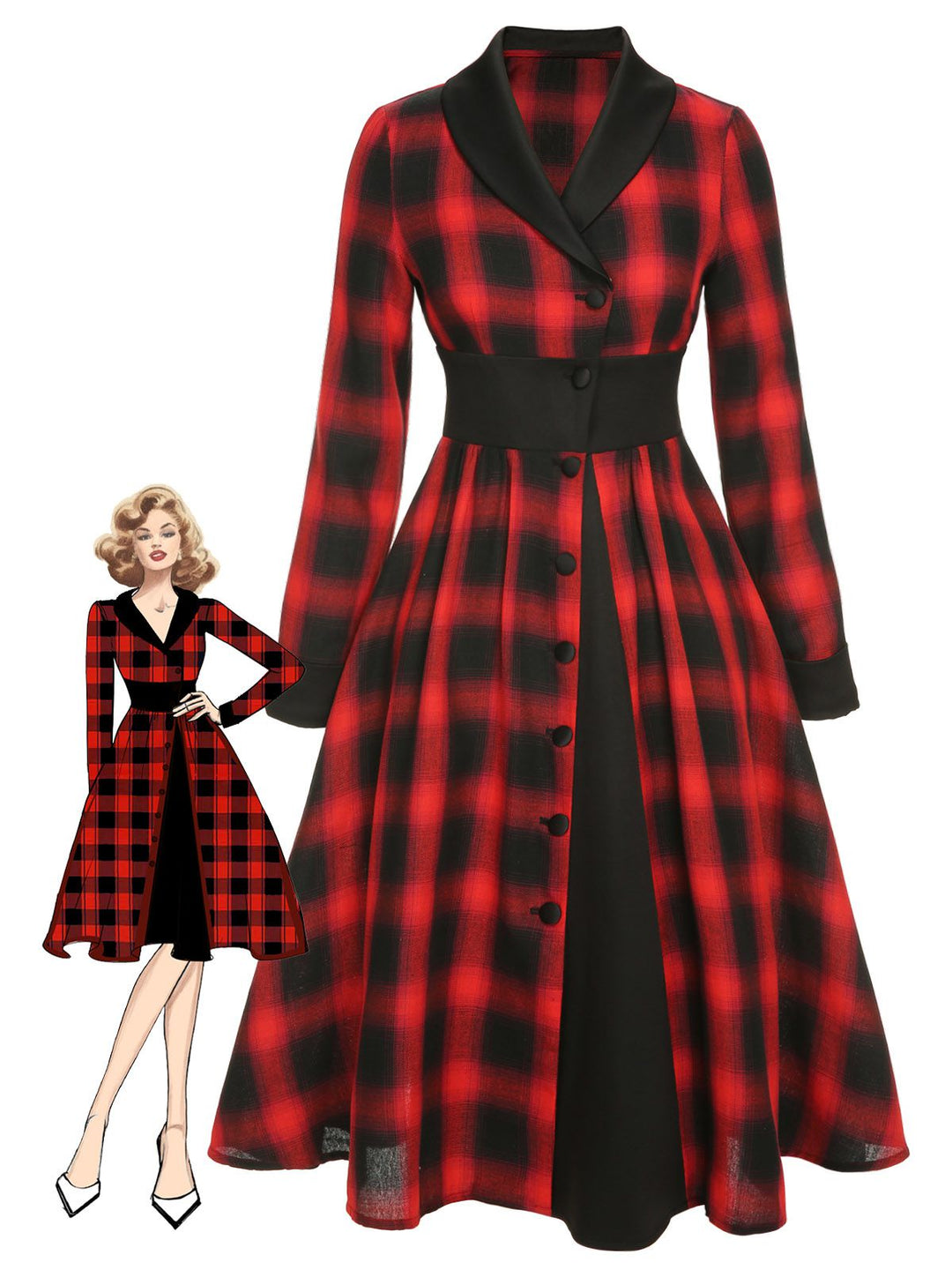 Black&amp;Red 1950s Gingham Plaid Button Lapel Dress: timeless style reimagined