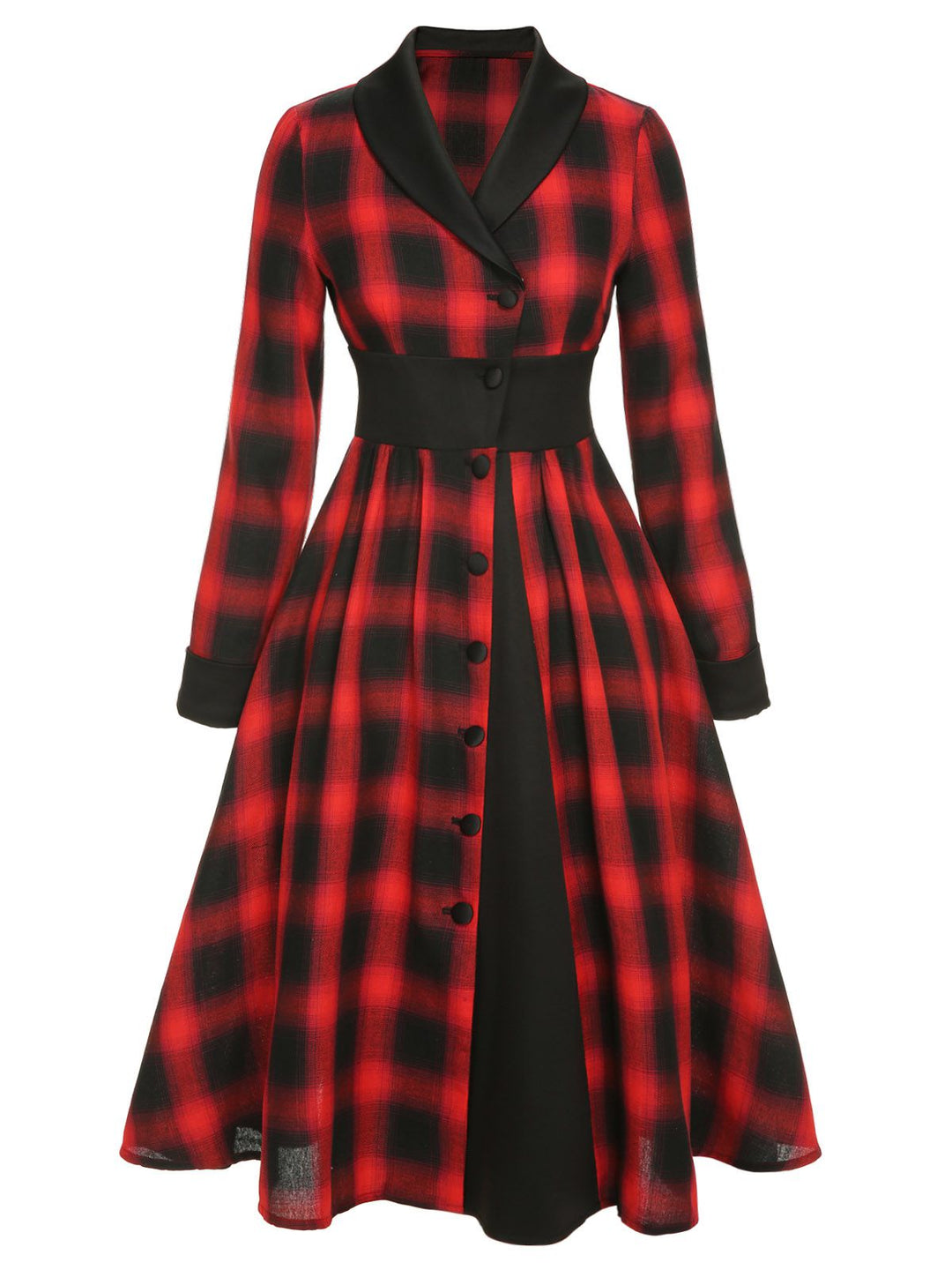 Black&amp;Red 1950s Gingham Plaid Button Lapel Dress, vintage dress, retro fashion, rockabilly, pin-up fashion - perfect for women who love vintage and retro fashion
