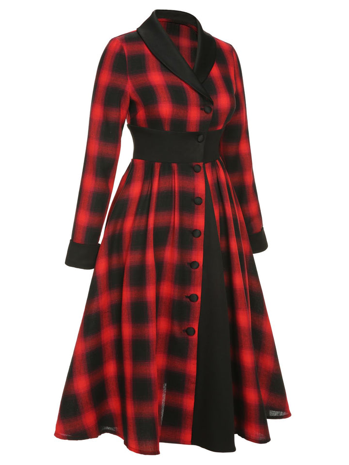 Black&amp;Red 1950s Gingham Plaid Button Lapel Dress, vintage dress, retro fashion, rockabilly, pin-up fashion - perfect for women who love vintage and retro fashion
