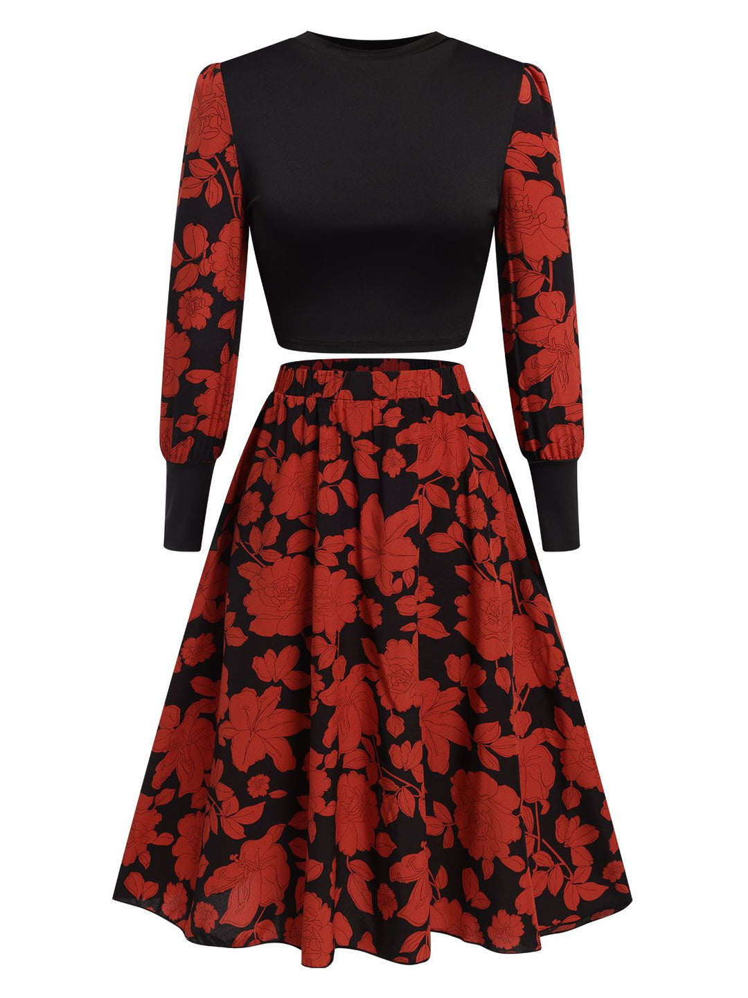 Black&amp;Red 1980s Floral Long Sleeves Top&amp;Skirt, vintage skirt, retro style - perfect for women who love vintage and retro fashion