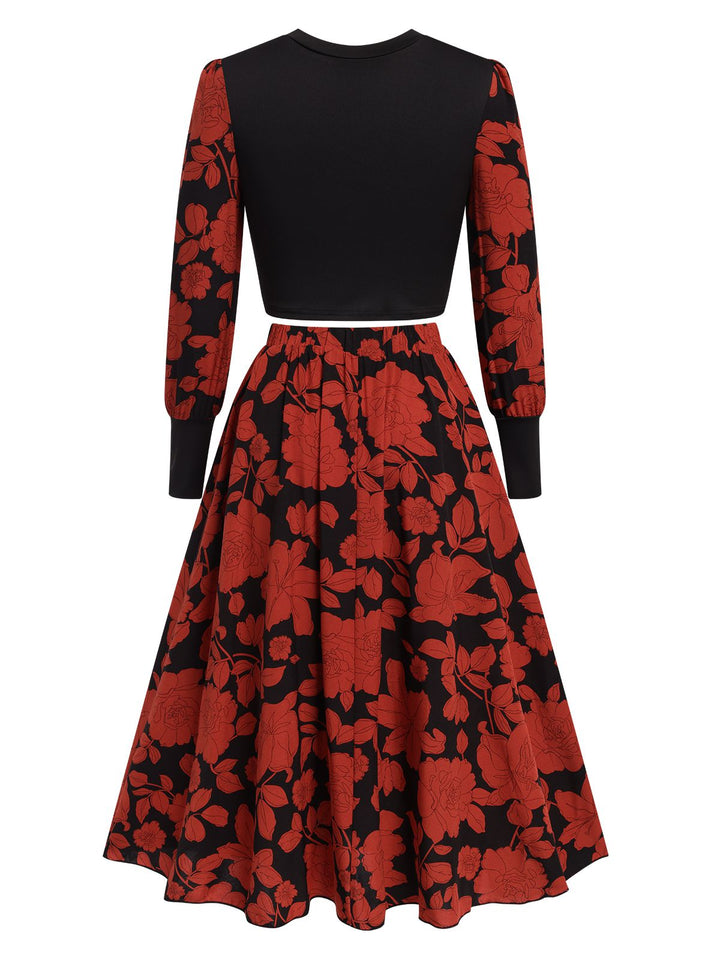 Black&amp;Red 1980s Floral Long Sleeves Top&amp;Skirt, vintage skirt, retro style - perfect for women who love vintage and retro fashion