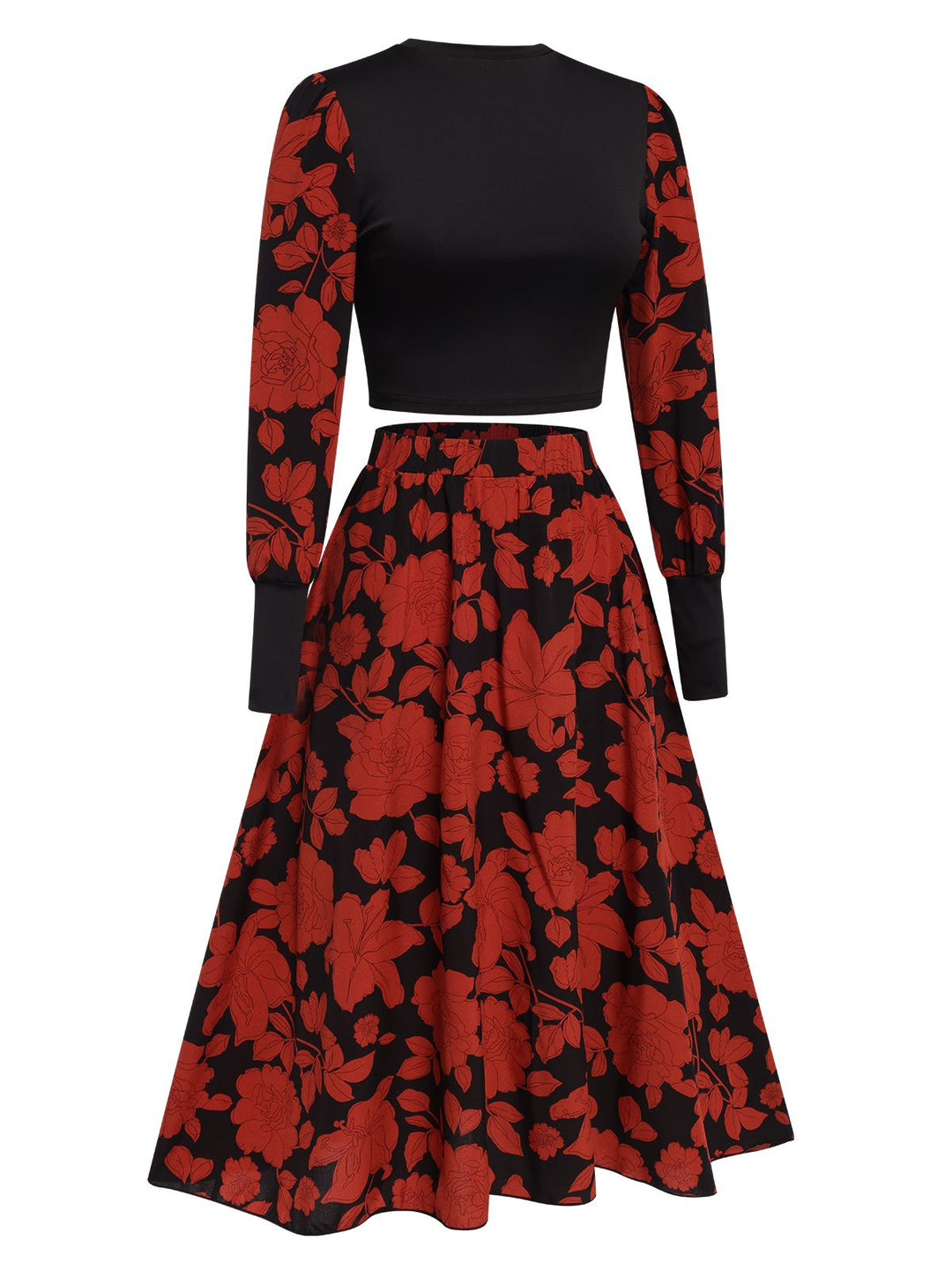 Black&amp;Red 1980s Floral Long Sleeves Top&amp;Skirt, vintage skirt, retro style - perfect for women who love vintage and retro fashion
