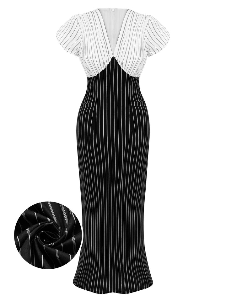Black&amp;White 1930s Striped Deep V-Neck Patchwork Dress, vintage dress, retro fashion - perfect for women who love vintage and retro fashion