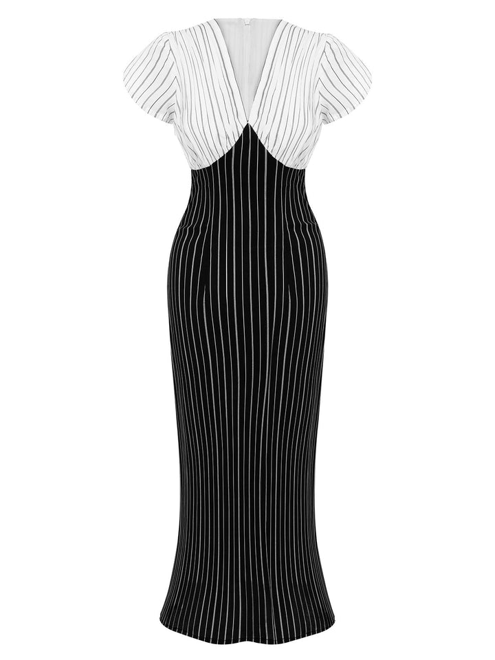 Black&amp;White 1930s Striped Deep V-Neck Patchwork Dress, vintage dress, retro fashion - perfect for women who love vintage and retro fashion