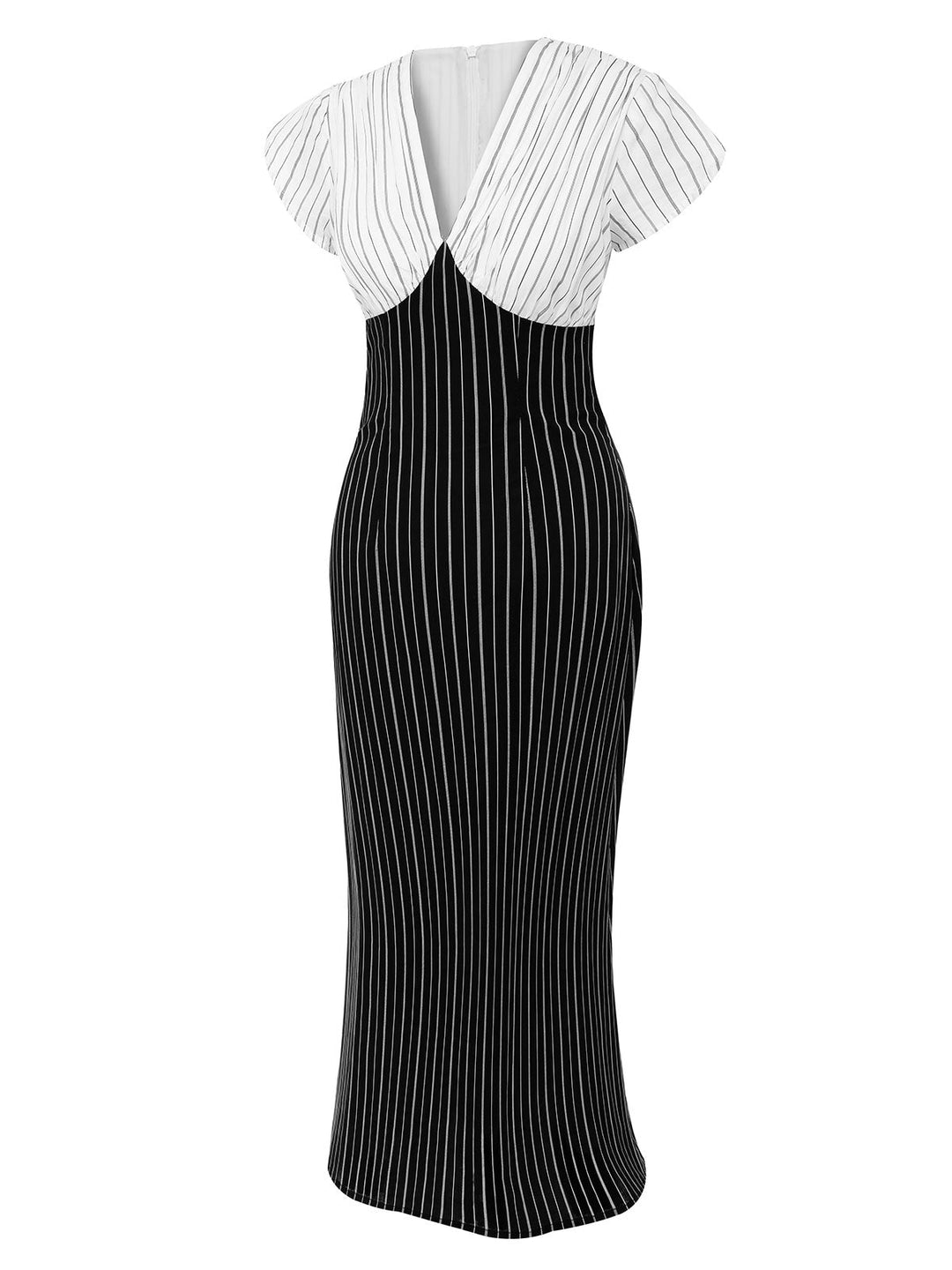 Black&amp;White 1930s Striped Deep V-Neck Patchwork Dress, vintage dress, retro fashion - perfect for women who love vintage and retro fashion