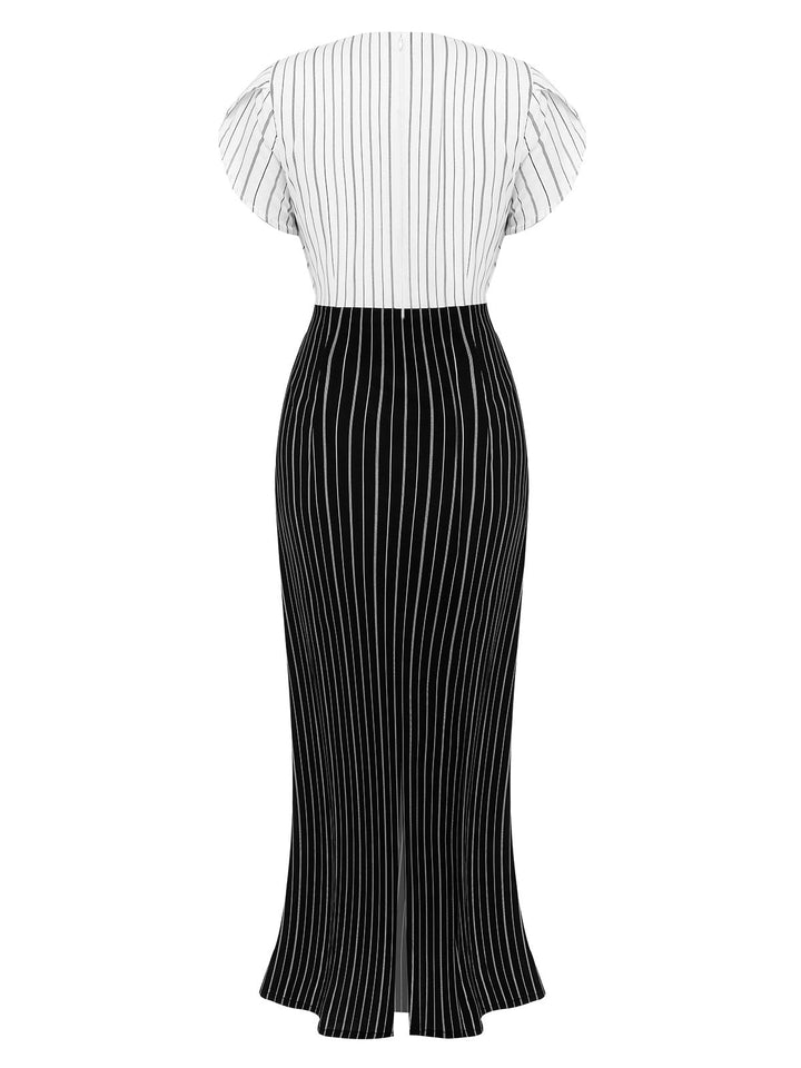 Black&amp;White 1930s Striped Deep V-Neck Patchwork Dress, vintage dress, retro fashion - perfect for women who love vintage and retro fashion