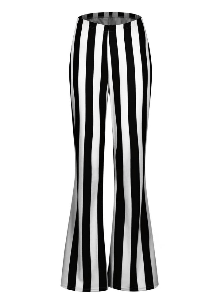 Black&amp;White 1970s Vertical Striped Flared Pants - vintage fashion, retro style, classic black