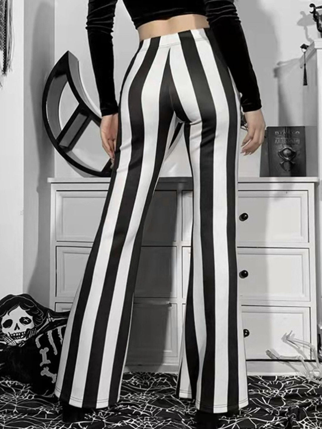 Black&amp;White 1970s Vertical Striped Flared Pants - vintage fashion, retro style, classic black
