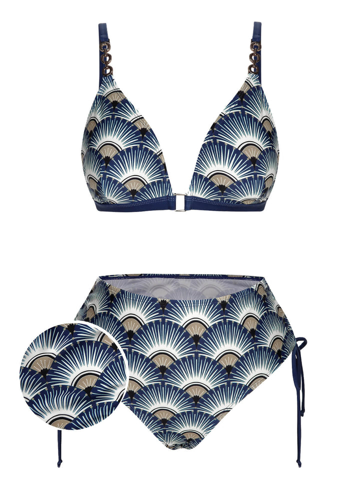 Blue 1930s Ancient Fan Lace-Up Bikini Set, vintage swimsuit, pin-up swimwear - perfect for women who love vintage and retro fashion