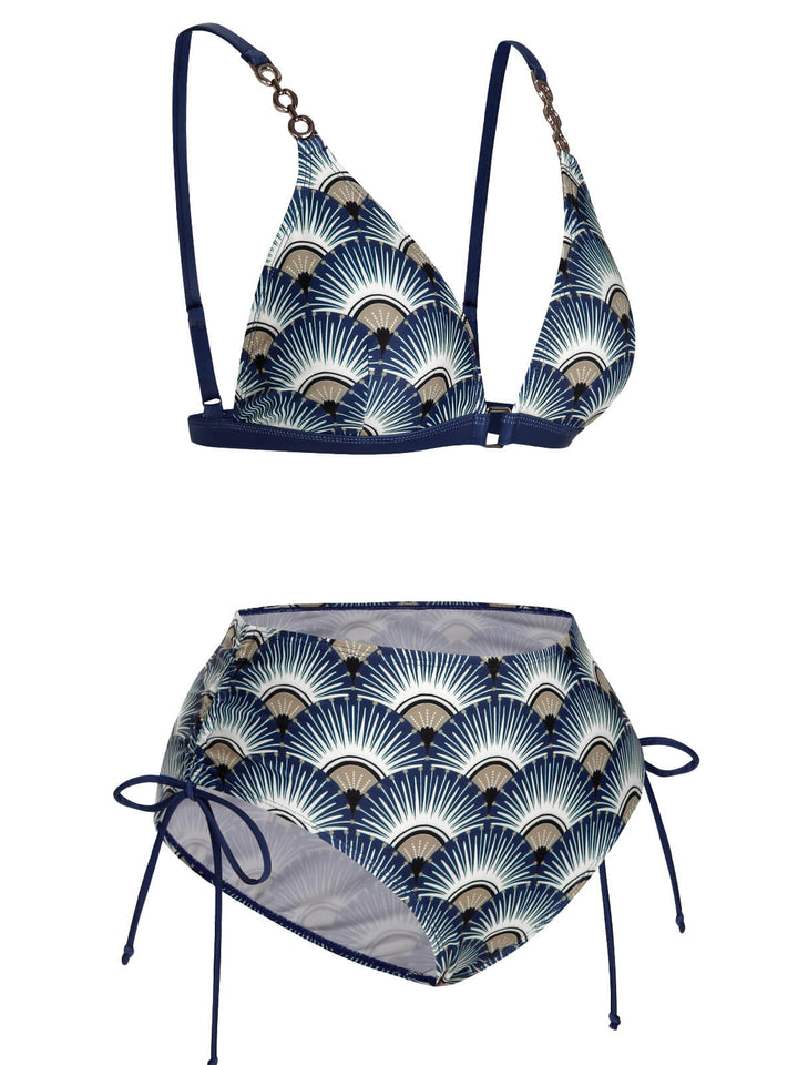 Blue 1930s Ancient Fan Lace-Up Bikini Set, vintage swimsuit, pin-up swimwear - perfect for women who love vintage and retro fashion