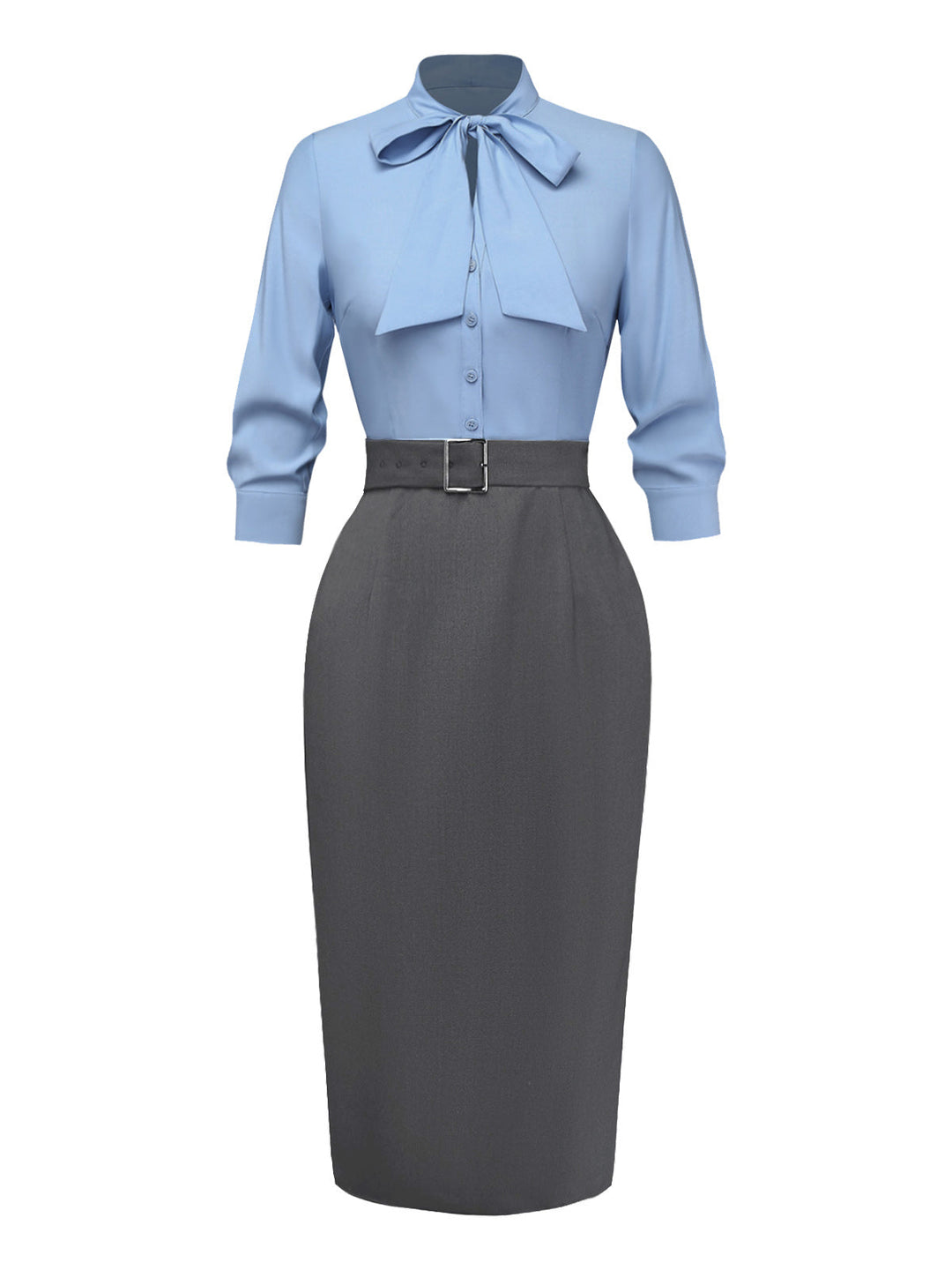 Blue 1930s Bow Tie Belted Pencil Dress - vintage dress, retro fashion