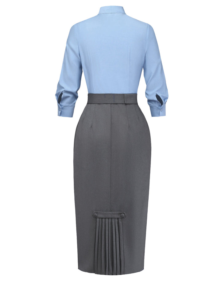 Blue 1930s Bow Tie Belted Pencil Dress - vintage dress, retro fashion