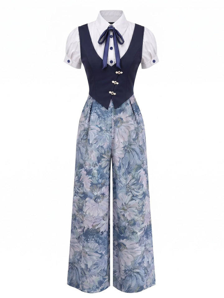 Blue 1930s Faux 3PCS Bow Floral Jumpsuit, vintage jumpsuit, floral print