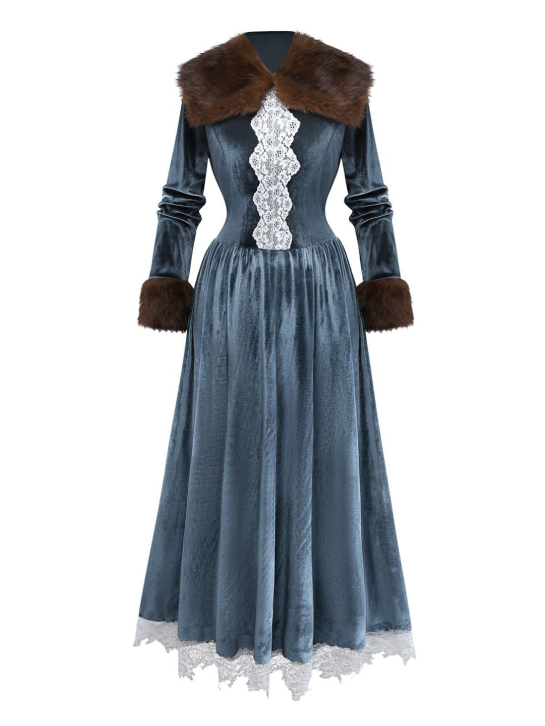 Blue 1930s Faux Fur Lace Patchwork Velvet Dress - vintage dress, fashion