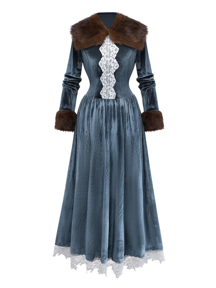 Blue 1930s Faux Fur Lace Patchwork Velvet Dress - vintage dress, fashion