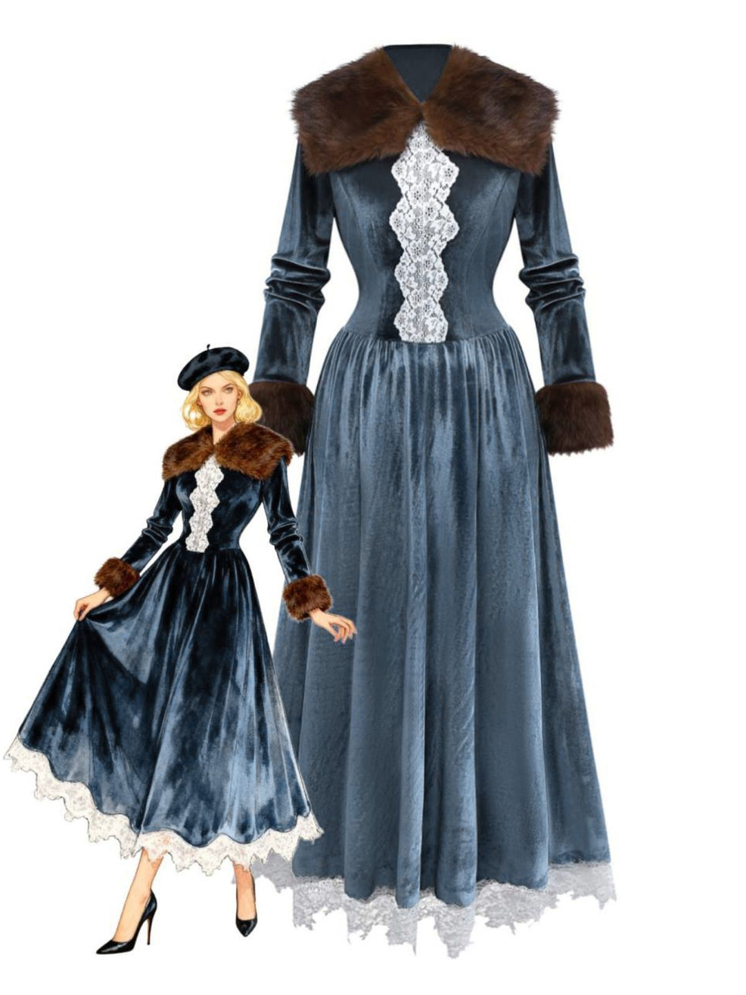 Blue 1930s Faux Fur Lace Patchwork Velvet Dress - vintage dress, fashion